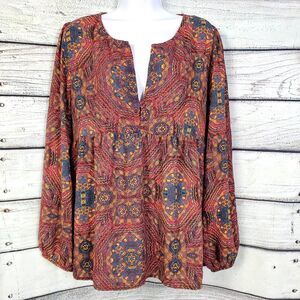 Rokoko by Dozz Boho Geometric Print Long Sleeve Tunic Top Size L Made in USA
